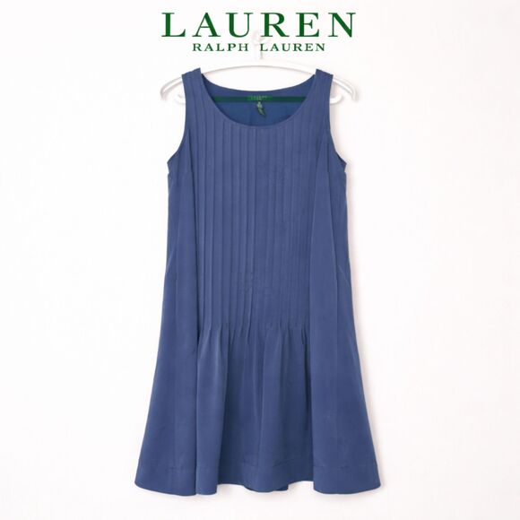 Lauren Ralph Lauren Dresses & Skirts - Lauren Ralph Lauren Blue Pleated Shift Dress Size 10 Sleeveless Classic Chic